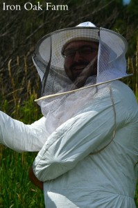 Zach trying out the new bee suit. 
